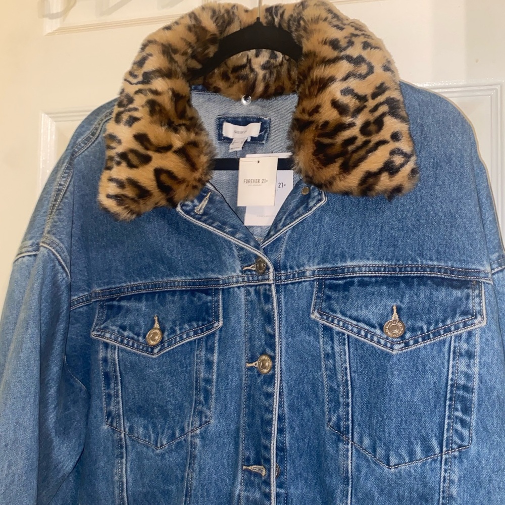 Forever 21 Blue Denim Cropped Jacket with Leopard Print Collar 2X